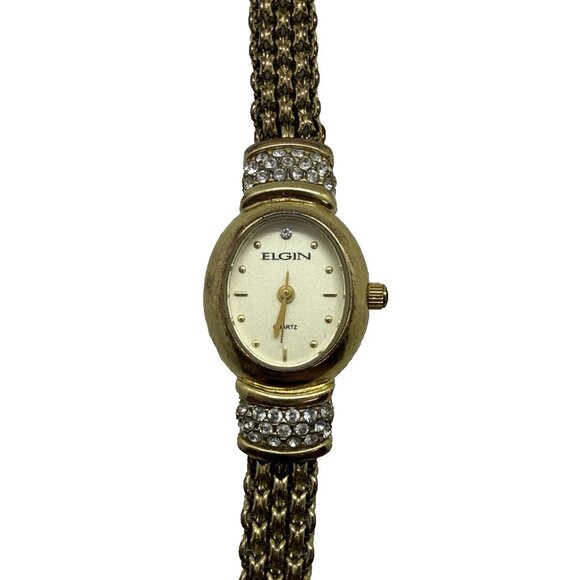Elgin Quartz ELC004ST Oval Women's Watch Gold Tone Crystal Accent Bracelet 18mm - Picture 1 of 8